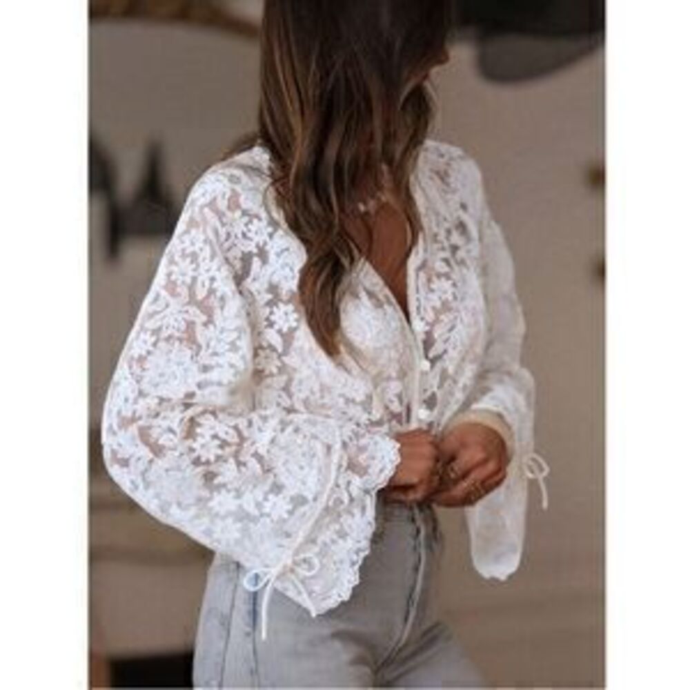 Guipure Lace on Mesh White V-Neck Floral Pattern Button Down Shirt Sheer - Picture 3 of 3